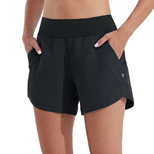 WILLIT Damen 5" Badeshorts Boardshorts UPF50+ Badehose High Waisted Schwimmshorts Badehose Schnell Trocknende UV Schutz mit Liner Taschen Schwarz Größe 46