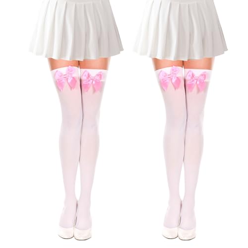 FUIPVGI 2 Paar Satin Bogen Strümpfe, Strümpfe mit Schleife, Overknees Strümpfe Damen mit Schleife, Undurchsichtig Oberschenkel Hohe Strümpfe, Knee High Socks, Einheitsgröße (Weiß)