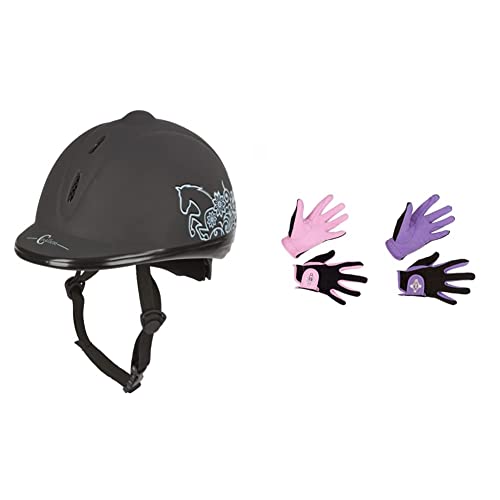 Covalliero Helm Reithelm Beauty VG1, Schwarz, 53-57 cm & Kinder Kinderreithandschuh Lilli Black/Purple, Größe S Reithandschuh, S