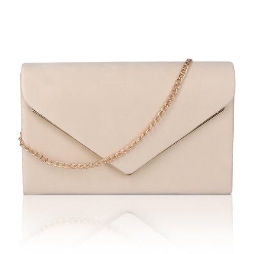 Shengxi Clutch Damen Umschlag Clutch Tasche mit Kette Elegant Abendtasche Kettentasche Crossbody Umhängetasche Damen Samt Unterarmtasche Handtasche für Hochzeit Wedding Prom Party (Beige)