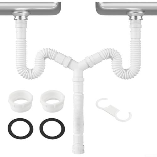 Verstellbares Doppel-Ablauf-Set, 20 cm - 80 cm, flexible P-Falle mit Adapter G1-1/2 und G1-1/4 Rohr, passend für Badezimmer und Küche
