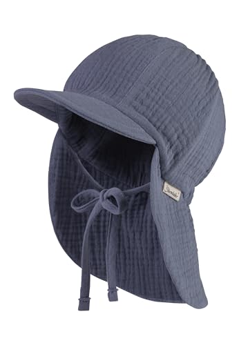 Sterntaler Schirmmütze mit Nackenschutz Musselin mit Bindeband aus Baumwolle - Schirmmütze Unisex mit Nackenschutz schützt den Kopf vor der Sonne - Sonnenkappe Baby UV 50+ - graublau, 45