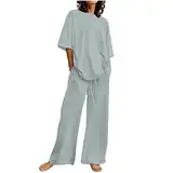 Damen Leinen Zweiteiler Outfit Hose und T-Shirt 2 Teiler Anzug Sommer Leicht Loungewear Casual Einfarbig Hosenanzug Freizeitanzug Set Einfarbige lagerverkauf restposten