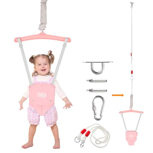 FUNLIO Baby Türhopser mit Deckenhaken für 6–24 Monate, Baby Hüpfschaukel für Drinnen und Draußen, Kleinkind Türhopser mit Verstellbarer Kette, einfach zu Montieren und Aufzubewahren - Rosa