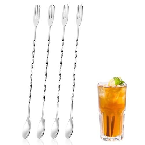 OIGWBPH 4pcs Bar Rührlöffel aus Edelstahl mit Gabel Gedrehter Barrel Löffel Barlöffel mit langem Griff und Spiralmuster Stiel für Barkeeper Home Restaurant Cocktail Zubehör