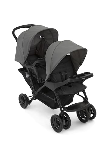 Graco Stadium Duo Geschwisterwagen, Zwillingswagen, 0-15 kg, auch mit Babyschale nutzbar, verstellbare Rückenlehnen, zusammenklappbar, freistehend, großer Staukorb, inkl. Snacktabletts, Titanium