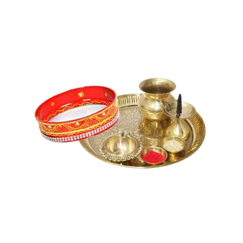 BRACOP® Pooja Thali Set aus indischem rundem goldenen dekorativen Serviertablett, Teller für Verlobung, Hochzeit, Heimdeko, Karwachauth Thali Set aus Messing, Hindutempel Dekorations artikel Geschenke