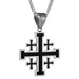 Flongo Herren Jerusalem Kreuz Kette: Edelstahl Halskette mit religiöser Anhänger schwarz silber Christlicher Kreuzritter Schmuck Tauf Amulett cross chain necklace Geschenk für Männer Damen Vater