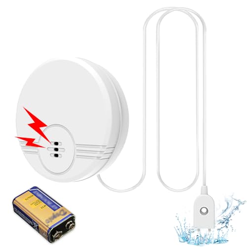 BNGXR Wassermelder, Wasseralarm mit Batterie, 135dB Wassersensor mit 104cm Langes Kabel, Wasser Sensor Alarm, Wasserwächter für Keller, Badezimmer, Waschküche, Küchen, Weiß (Lieferung mit Batterie)