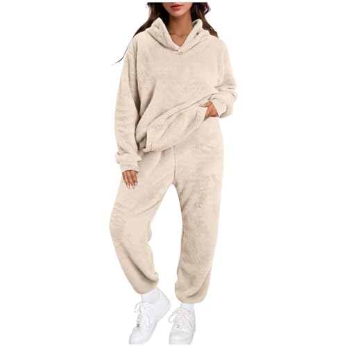 Jogginganzug Damen Set Zweiteiler Jogginganzug Plush Pyjama Set Weiches Sportanzug Warm Schlafanzug Einfarbiges Hausanzug Bequeme Freizeitanzug Fleece Loungewear Pjs Lässig Trainingsanzug