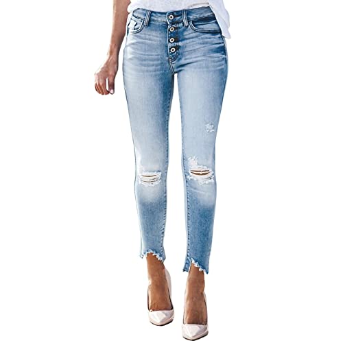 QWUVEDS Kleidung Mädchen 152 Hose Damen-Jeans mit geknöpftem Taschendesign, zerrissenen Ausschnitten, Patchwork-Jeans mit zerrissenem Saum und zerrissenen Löchern Jeanshosen Für Männer