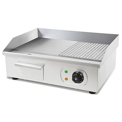 vertes Grillplatte Bratplatte Plancha Grill Elektrisch 3000W aus Edelstahl (Grillfläche Glatt & Mit Rillen 55x35cm, Thermostat, Temperatur 50-300°C, Spritz & Wärmeschutz, Auffangbehälter, Gummifüße)