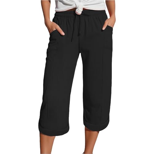 NUOKE Stoffhose Damen Sommer, Musselin Kurze Hose Damen 2025 Sommer Leinen Shorts Beach Hosen Sommerhose Leicht Stoffhose Kleid Leinenhose Bluse, schwarz XL
