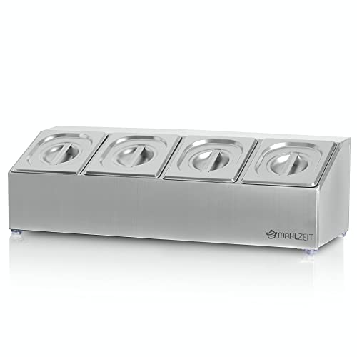 Mahlzeit Edelstahl Zutatenbehälter | 4 x 1/6 GN Catering Behälter mit Gummifüßen | 68,5 x 24,5 x 21,5 cm | Cocktail Zutatenbehälter Bar für Gastro, Küche, Pizza Station, Buffet Zubehör, Salatbar