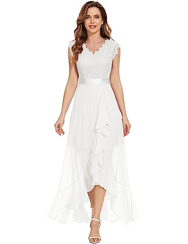 Dressystar Damen Elegant Abendkleider Hochzeit V-Ausschnitt Cocktailkleid Maxi Lang Brautkleid Standesamt Weiß M