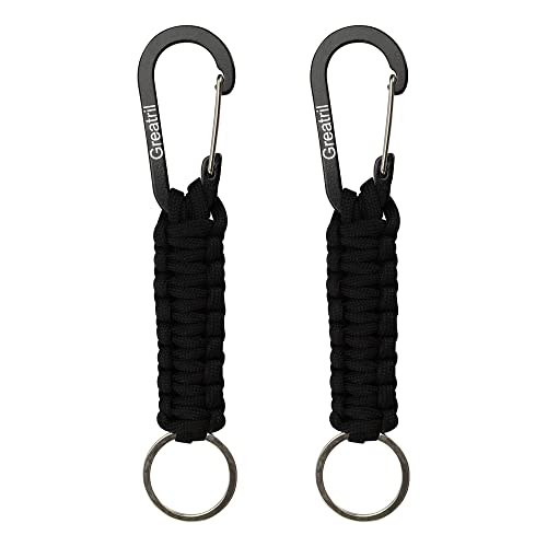 GREATRIL Paracord Schlüsselanhänger Karabiner 2 Schwarz - Schlüsselband Paracord Karabinerhaken Kurz für Arbeit Motorrad Flasche Camping Wandern Jungen/Mädchen/Herren/Frauen