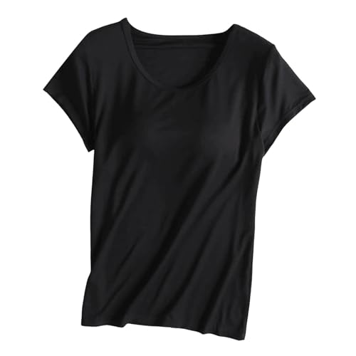 T Shirt Nachthemd Damen Kurzärmliges T-Shirt mit Brustpolster, BH-Cup, halbärmelige Weste, Pyjama Markennachthemd Damen (Black, XXL)