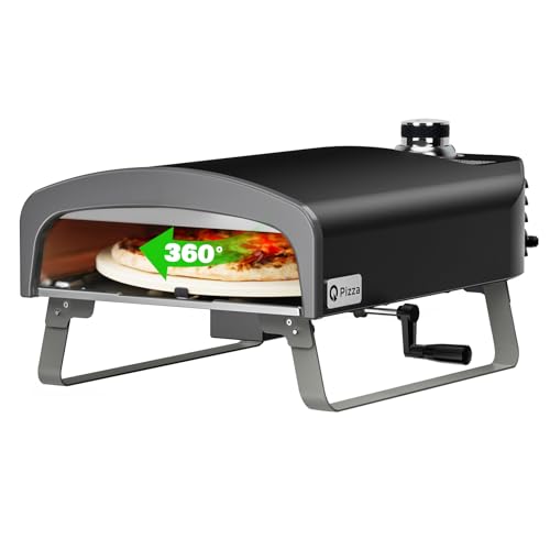 Q Pizza Gas Pizzaofen mit Manueller Drehfunktion, 500 Grad Pizza Grill für Outdoor Garten mit ⌀33 cm Pizzastein, Backen Sie Pizza auf Profi-Niveau in Ihrer Kontrolle