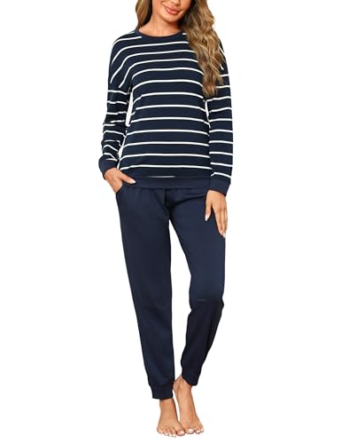 Bresdk Schlafanzug Damen Lang Pyjama Set Langarm Baumwolle Winter Nachtwäsche Frauen Dunkelblau XXL