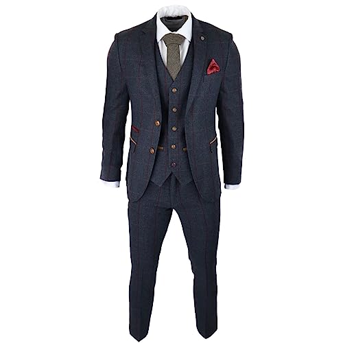 TruClothing.com Herrenanzug Tweed mit Fischgrätenmuster Marinerot Kariert Vintage-Stil - Marineblau 48