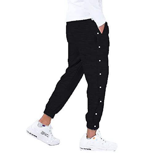 NHNKB Herren Hosen Locker sitzende, seitlich geknöpfte Basketball-Trainings-Jogginghose mit elastischen Bündchen Knöchelfreie Hose Herren (Black, S)