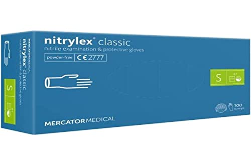 Nitrylex Classic Einweg-Nitrilhandschuhe, schützende Untersuchungshandschuhe, puderfrei, unsteril, Blau, Größe S (6-7), beidhändig tragbar, Mikro + strukturierte Fingerspitze, dispenser box 100 Stk
