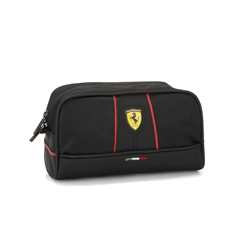 Ferrari - Reisetasche mit Reißverschluss, Kulturbeutel, für Arbeit oder Freizeit, 23 x 13 x 10 cm, Schwarz