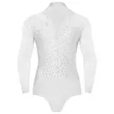 dPois Herren Tanz Hemd Latein Standard Tanz Tango Salsa Trikot Leotard Tanzbody Hemdbody mit Strass Männer Ballroom Tanzkostüm Weiß M