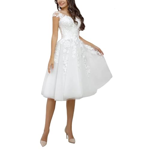SZSFNMMY Kurzes Brautkleid aus Tüll für die Braut, Spitzenapplikation, ärmellos, knielang, Brautkleid für Damen, Weiß (1), 44