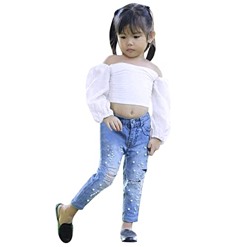 Schulterfrei Langarm T-Shirt Oberteile Loch Denim Hosen Jeans Lange Hosen für Kleinkinder Kinder Mädchen 2 STÜCKE Sommerkleidung Outfits Set Bekleidungssets (White, 5-6 Years)