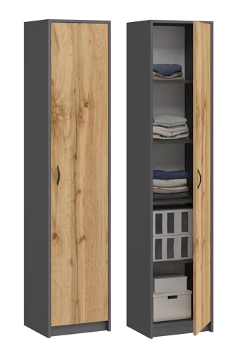 Büroschrank Aktenschrank Kleiderschrank Mehrzweckschrank Büroregal mit 1 Tür und 5 Fächern Universeller Schrank für Büro und Zuhause 180x40x35 cm (Grafit/Eiche Wotan)