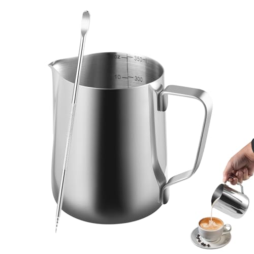 FHISKUNYU Milchkännchen Edelstahl Set, 350ml Barista Zubehör mit Latte Art Pen, Milchkanne Barista für Kaffee Latte Art, Cappuccino und Espresso