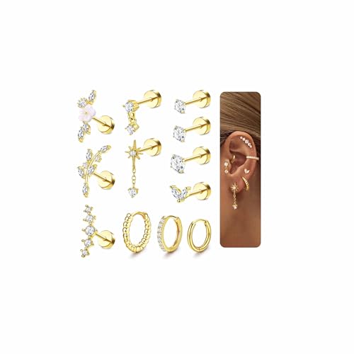 Adramata 12Pcs Helix Piercings Chirurgenstahl Ohrringe Piercing Set CZ Blume Ohr Piercing Ohrstecker Knorpel Ohrringe Damen Klein Ohrringe Creolen Gold Silber Conch Helix Tragus Piercing Ohr Schmuck