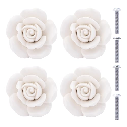 NAKUPENDA Keramikknäufe 4 Stück Keramik Rosen Blumen Knopf Schubladenknöpfe Porzellan Rose Möbelknöpfe für Schubladen Schränke Schranktüren (Weiß)