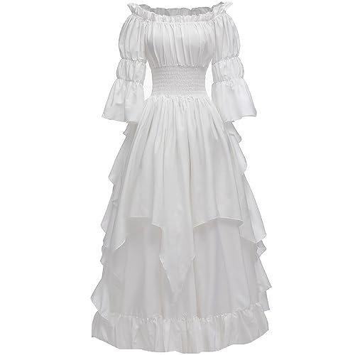 PLWEDDING Damen Gothic Hexen Kleid Mittelalter Renaissance Kostüm Viktorianisches Kleid(weiß,S/M)