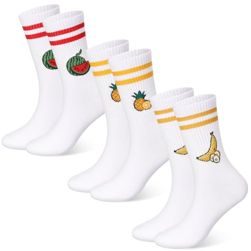 Boyiee 3 Paar Weiße Tennissocken für Damen und Herren Crew Sportsocken mit Aufdruck Baumwolle Unisex Atmungsaktiv(Obst)