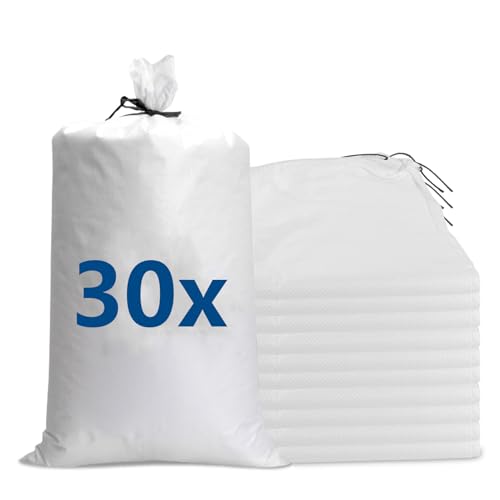 WOPPLXY 30 Stück 25kg Sandsäcke mit Zugband, groß 60 x 40cm Leer Sandsack, Weiß PP Gewebesack für Hochwasserschutz