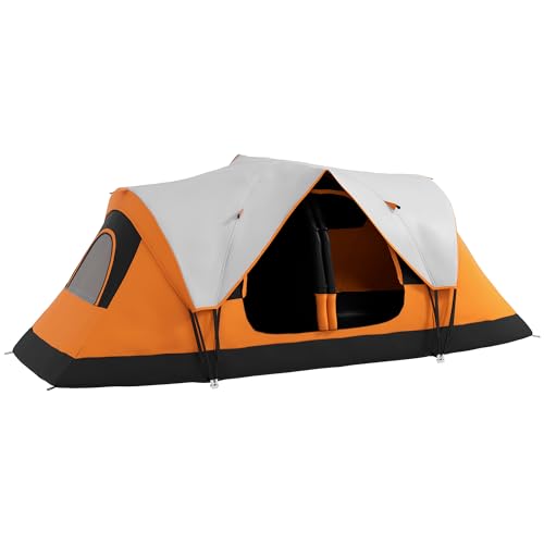 Outsunny Campingzelt, Tunnelzelt für 6-8 Personen, mit Lichthaken, Meshfenster, 2 Räumen Winddicht Familienzelt mit Tragetasche, 2000mm Wasserabweisend Gruppenzelt für Camping, Garten, Orange