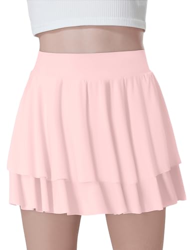 EXARUS Tennisröcke für Mädchen, athletisch, Golf, Skorts, Tanzen mit Untergrund, fließend, gestuft, Mini-Faltenmuster, adrett für Kinder, Pink, 140