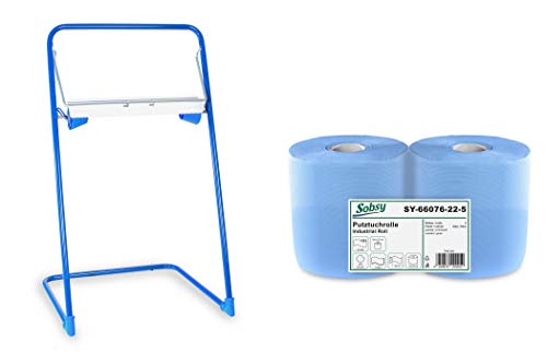 2 x blaue saugstarke Papierrolle mit Standfuß-Spender, 1000 Blatt, 22x36 cm | 2-lagige perforierte Papiertücher | für Industrie, Werkstatt und Restaurant | Durchmesser 25 cm