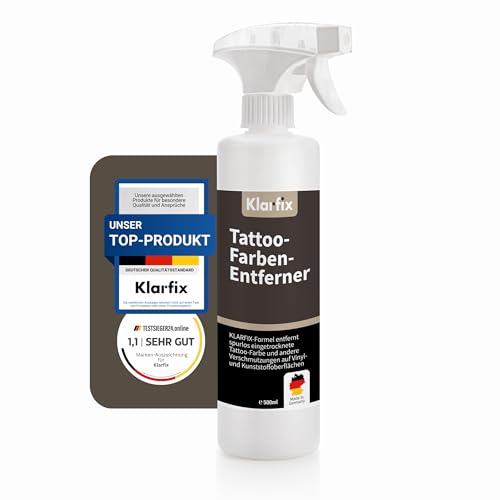 Klarfix Tattoo-Farben-Entferner | Spezialreiniger für Tattoo-Stühle, Arbeitsflächen & Böden | Entfernt Tattoo-Farbe von Vinyl, Kunststoff & Kunstleder | Spezial-Löser für Tattoo-Inks (1x 500ml)