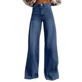 Sommer Baggy Hosen, Elegante Damen Jeans, High Waist Weites Bein Pants mit Taschen, Stretch Hohe Taille Jeanshose, Straight Leg Pants, Mode Vintage Freizeithose Denim Streetwear (Dark Blue, 2XL)