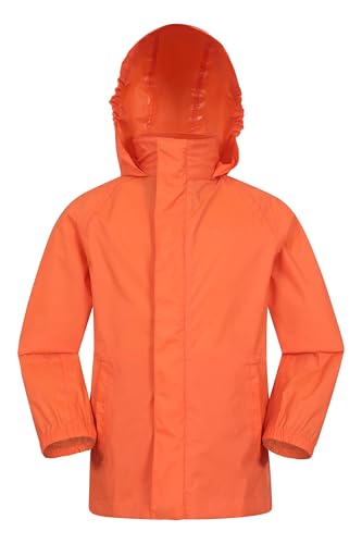 Mountain Warehouse Pakka Wasserdichte Kinderregenjacke - Winddichte, leichte & atmungsaktive Jacke für Mädchen & Jungen, faltbar mit Packsack - für Regen, Reisen, Schule Orange 7-8 Jahre