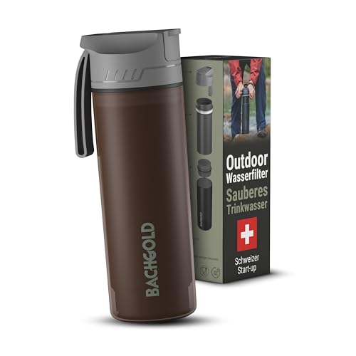 Bachgold® Profi Outdoor Wasserfilter Flasche [650ml] mit 1500L Filterkapazität I entfernt 99,99% aller Bakterien und filtert Viren, Partikel und Schwermetalle I Braun