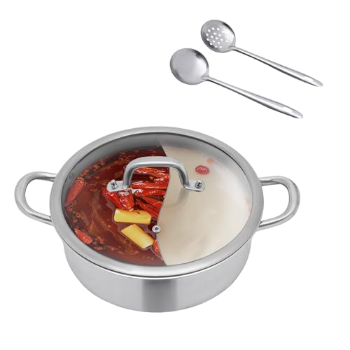 Hot Pot Herd,304 Edelstahl Dual Shabu,28/32cm Geteilter Topf mit Suppenkelle + Sieb,Hot Pot Induktion Suppentopf Glasdeckel für Zuhause, Party, Familientreffen (28cm)