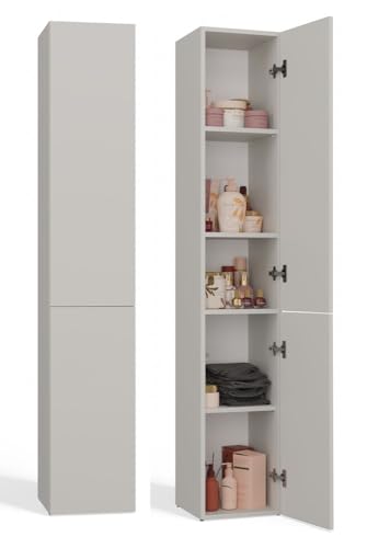 CDF Bad-Hochschrank NEL II | Farbe: Kaschmir (beige) | Modernes Badregal | Stauraumschrank | Geräumige Einlegeböden | Türen | Einfache Montage | Stilvolle Griffe