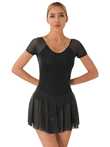 iEFiEL Damen Ballettkleid Kurzarm Ballettanzug Patchwork Ballettkleidung Basic Tanzkleid Rückenfrei Ballett Trikot Wickelrock Schwarz S