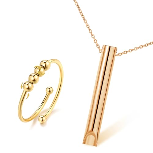Stressabbau Halskette Höki Halskette Gegen Angst mit Stressabbau Ringe, Rauchentwöhnung Hilfsmittel Achtsame Atem Halskette für Herren Damen Meditation Verlangsamung Atmung Übungsgerät (Gold)