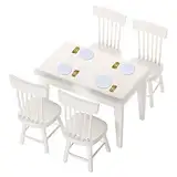 22 Stück Esstisch Stuhl Küchengeschirr Modell Set Puppenhaus Miniatur Einrichtung Möbel aus Holz 1/12 Weiß Stühlen Teller mit Gabeln Löffel Gold Besteck Kerzenhalter Küche Zubehör Möbelset Esszimmer
