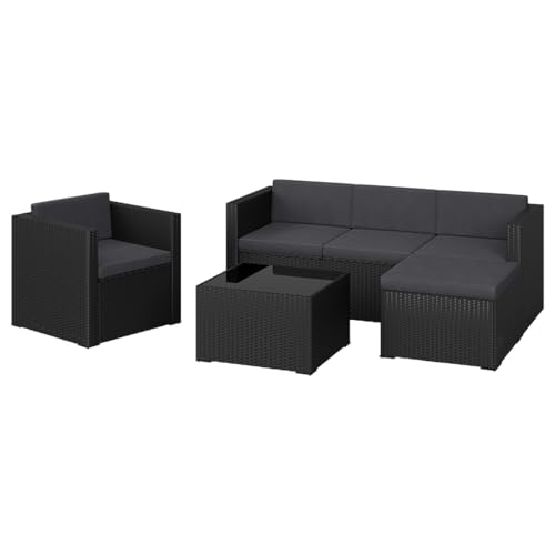 STEELSØN Polyrattan Gartenlounge Zethora, Outdoor Sitzgruppe 4-teilig, Gartenmöbel Set mit Sofa, Sessel, Hocker, Tisch, Sitzecke für bis zu 5 Personen, wetterfest, schwarz/anthrazit